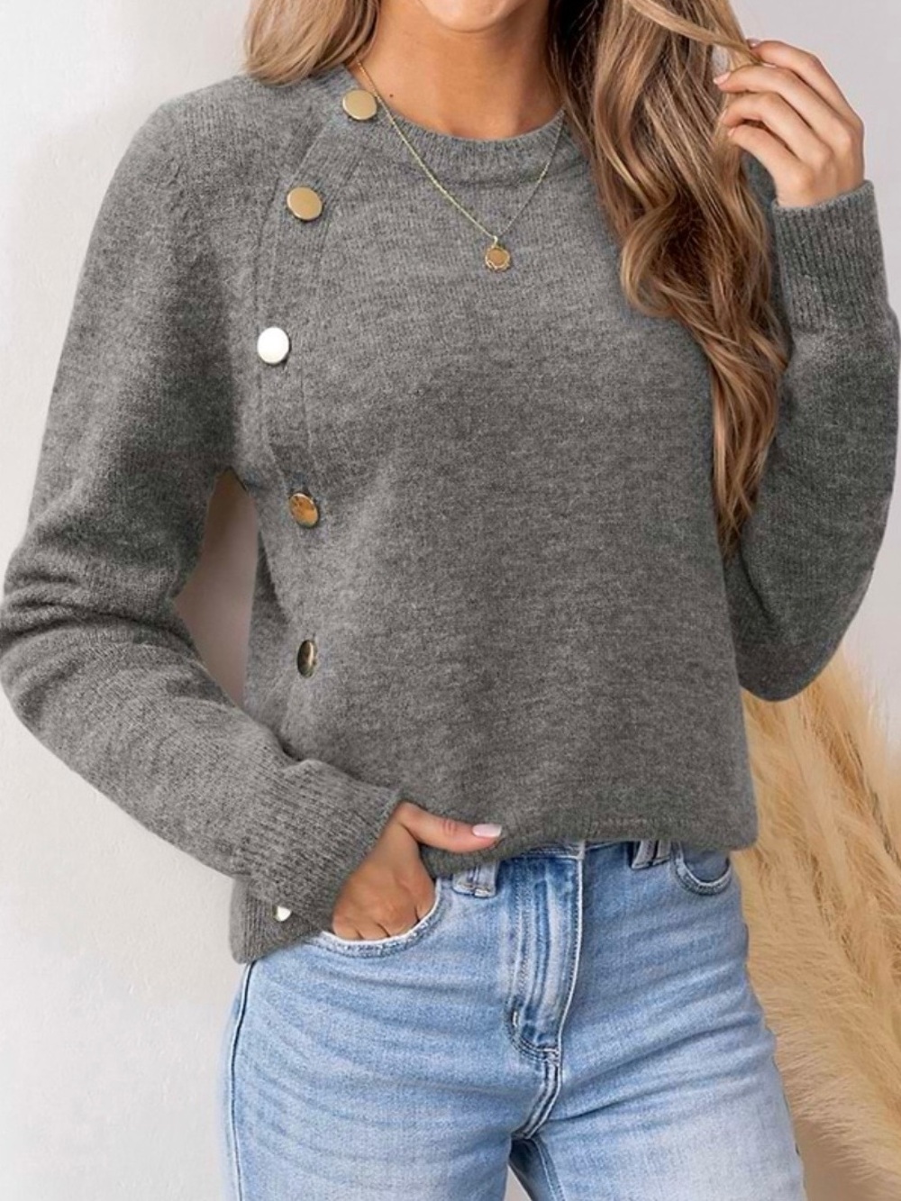 Cupshe Gray Crewneck Sweater with Gold Button Accents